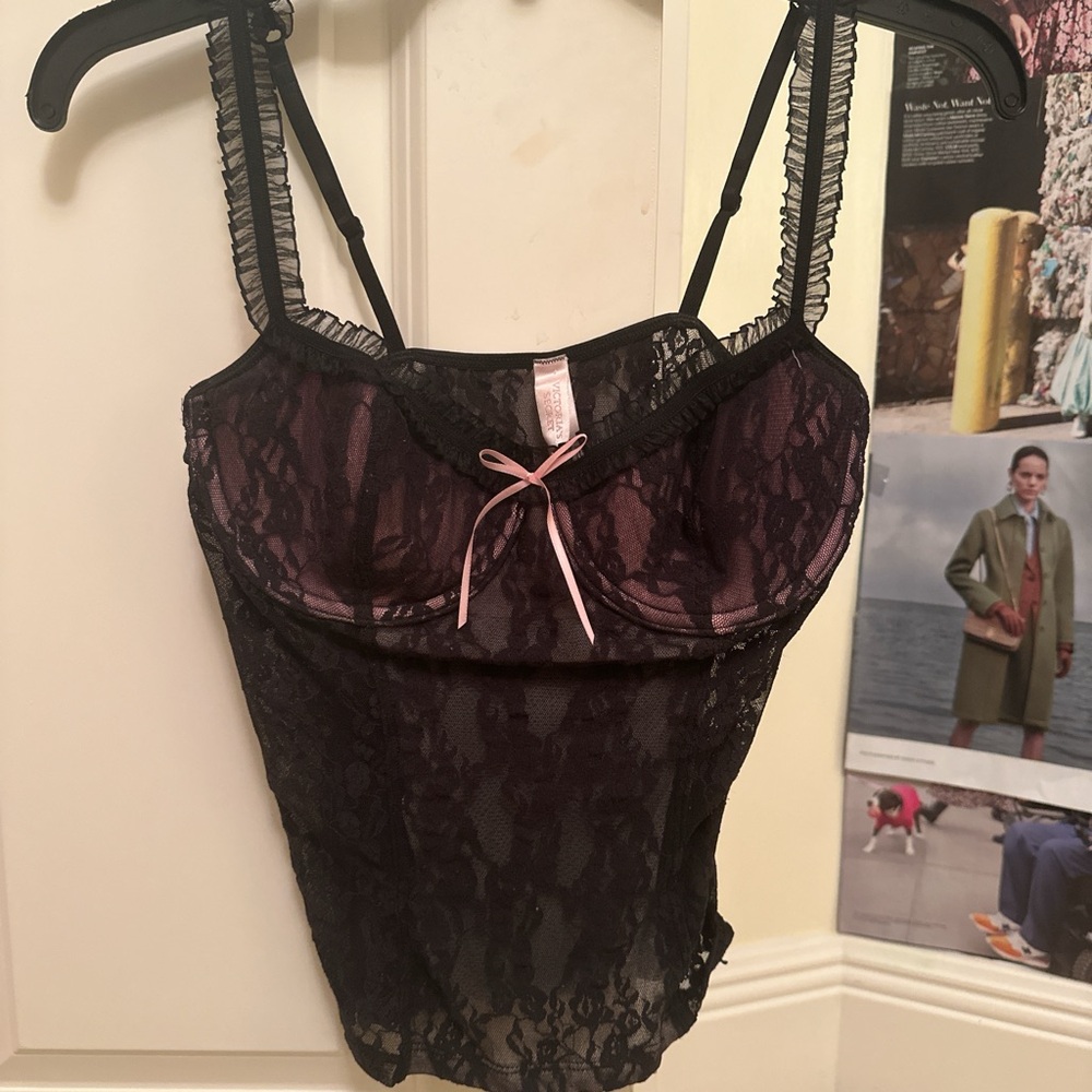 Victoria's Secret Black Lace Chemise with Pink Accent